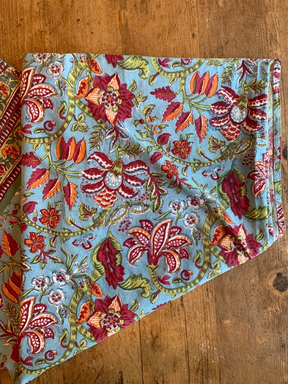 Blue Floral Shower Curtain with Red and Orange Accents